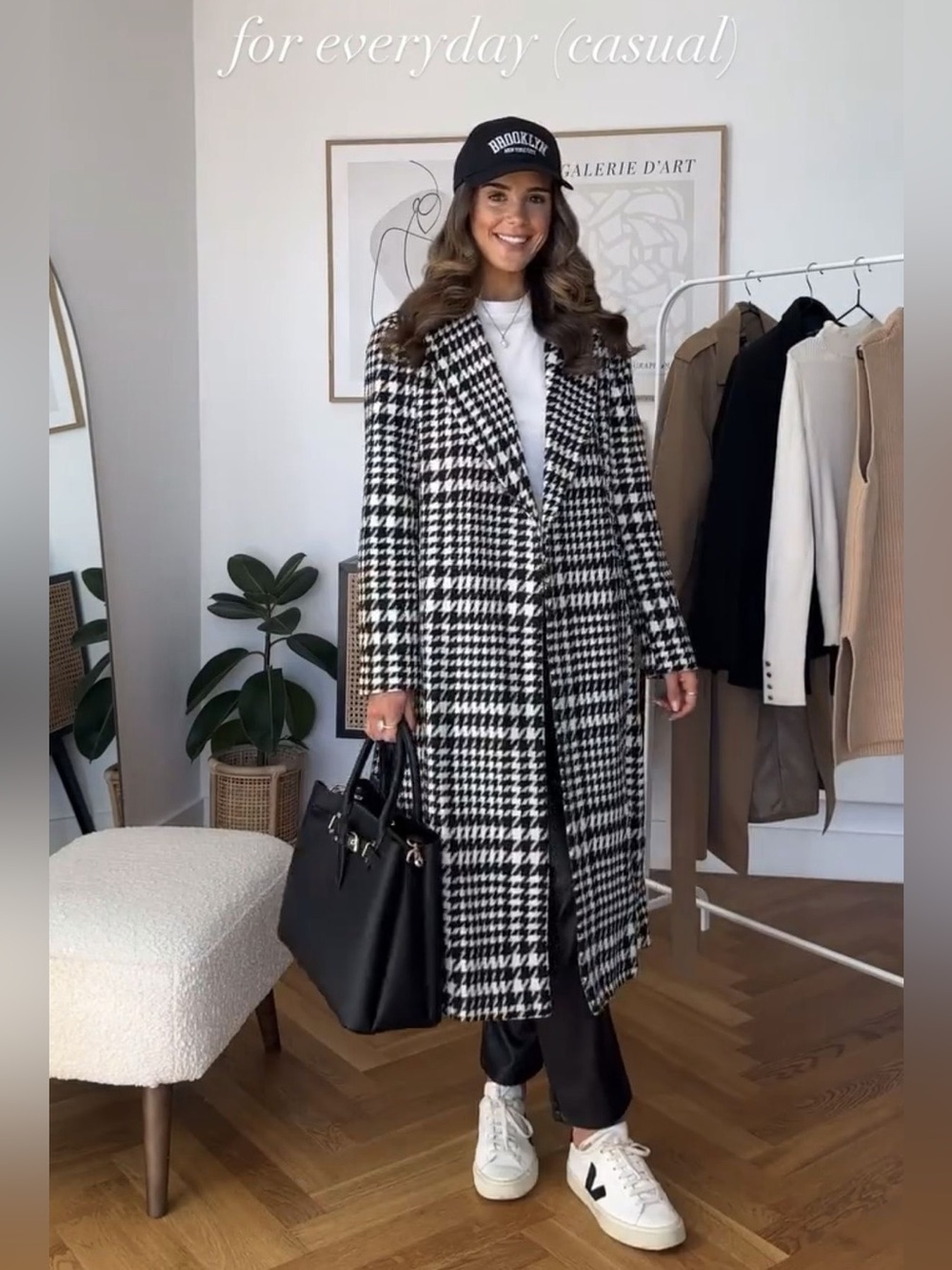 Forever 21 Classic Houndstooth Longline Coat - Black & White - Size M